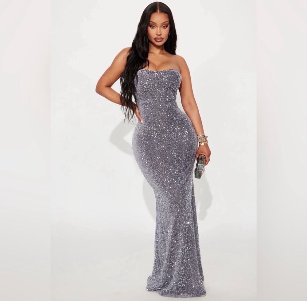 Fashion Nova Strapless Sequin Maxi Dress in Silver Size Large